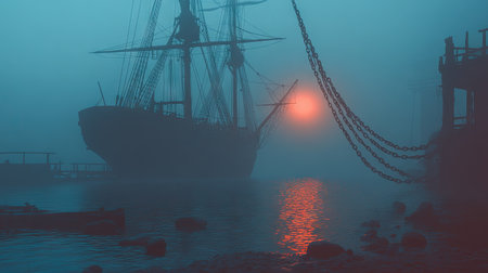 A ship at sea with thick, glowing chains leading to the horizon. The photography is cinematic, with a dark, moody atmosphere. --chaos 30 --ar 16:9 --v 6.1 Job ID: 35595eeb-8fb1-4e9e-9aa6-65d56777615dの素材