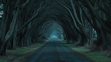 A photograph of the trees in California forming an archway over part or all of the long road, creating a beautiful and unique natural tunnel effect on the coastal highway lined with tall cypress trees. --chaos 30 --ar 16:9 --v 6.1 Job ID: cab0ba2c-bc19-417a-bb5f-d1c94f8a3560の素材