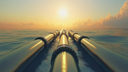 A photograph of an industrial oil and gas plant with large pipes running along the ground, with a beautiful sky at sunset in the background. --chaos 30 --ar 16:9 --v 6.1 Job ID: 5b1950a0-a4b5-4b88-bdb2-410f03d275c3の素材