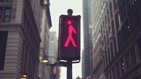 A photograph of an advanced crosswalk sign in New York City, showing the walking man icon with both hands raised up as if holding something high above his head, seen from the right side, taken during the day with natural lighting, in the style of street photography. --chaos 30 --ar 16:9 --v 6.1 Job ID: e2ce92f0-61e0-4679-9484-b9cf68332e6aの素材