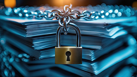 A stack of documents bound by chains and locked with a padlock, symbolizing the security that laser engraving software provides for graphic design data protection. --chaos 30 --ar 16:9 --v 6.1 Job ID: 441114cf-66de-480f-abd7-a96f6c7c2bcbの素材