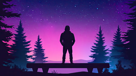 A vector illustration of an isolated figure in silhouette, standing at the edge of a road leading into darkness with tall trees on either side, wearing a hoodie and jeans. The background is a flat color of purple with subtle hints of moonlight or dusk. --chaos 30 --ar 16:9 --v 6.1 Job ID: 4961b6cc-58ec-40dc-9c45-cfdd4b3de485の素材