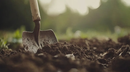 A small garden Shovel with a wooden handle, stuck in the ground, with dirt and earth on it, against a blurred background, captured through macro photography using a macro lens. --chaos 30 --ar 16:9 --v 6.1 Job ID: fe6dc21c-32c7-492d-80d4-34db81861de1の素材