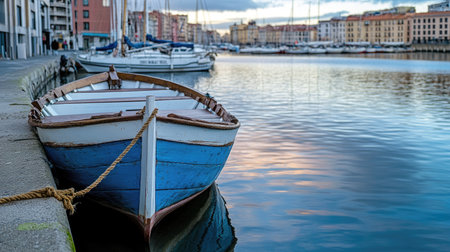 A small wooden boat docked at the pier in San Telmo, Spain, is tied to an old rope with thick brown ropes. The blue and white color scheme of its hull contrasts against the dark wood planks that line both sides of its deck. In front of it lies calm waters, surrounded by other boats as well as modern buildings along the harbor. Focus on the face. --chaos 30 --ar 16:9 --v 6.1 Job ID: 6f65a68c-c5f8-43f4-aaee-fd972d9f4df3の素材