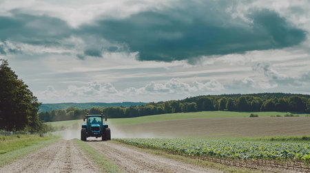 A tractor with blue, steel branding on the field is planting lettuce seedlings in rows using an energy-efficient seeding machine. The photo was taken from behind and shows green farmland under cloudy skies. --chaos 30 --ar 16:9 --v 6.1 Job ID: 665dbc56-dbaf-4d89-94d4-844b8be39b2aの素材