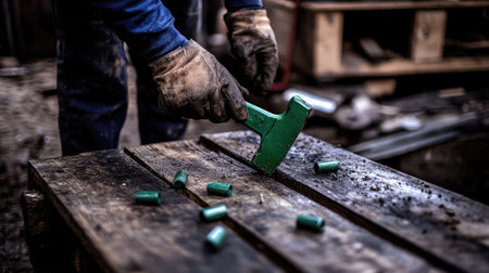 A worker is hammering nails with green hammers on wooden planks, a close-up shot of a hand holding a green hammer and nail, with a blurry background of a construction site in the distance. The worker is wearing a blue shirt, navy pants, and brown leather gloves, and the scene is lit by bright sunlight. This image is in the style of Nikon D850 raw format photography. --chaos 30 --ar 16:9 --v 6.1 Job ID: 2e8aaee1-dbb5-4d13-9d21-5fd254b58168の素材