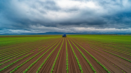 A tractor with blue, steel branding on the field is planting lettuce seedlings in rows using an energy-efficient seeding machine. The photo was taken from behind and shows green farmland under cloudy skies. --chaos 30 --ar 16:9 --v 6.1 Job ID: 665dbc56-dbaf-4d89-94d4-844b8be39b2aの素材