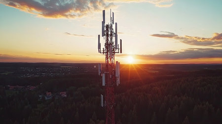 Aerial view of the sunset over a communication tower with red and white markings, on top there is a communication array for mobile phones, against a background of a forest landscape with green trees and buildings in the distance. --chaos 30 --ar 16:9 --v 6.1 Job ID: 2da8bec5-933b-4da4-853e-bb96189d6710の素材