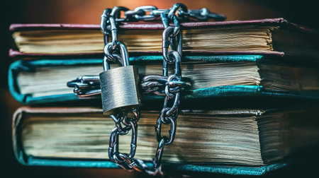 A stack of documents bound by chains and locked with a padlock, symbolizing the private nature of a snapshot. Photography stock photo contest winner, stock photo, professional photograph, stock magazine photography. --chaos 30 --ar 16:9 --v 6.1 Job ID: 04695e9c-ca86-45cb-aa64-133a84280e1cの素材