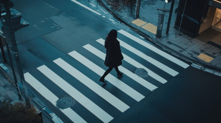 Aerial view of a woman crossing the street on a zebra crossing, in a minimalistic style. --chaos 30 --ar 16:9 --v 6.1 Job ID: 08fb275d-6a8d-43fe-a416-e4d5a395aa68の素材