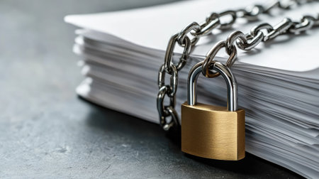 A stack of documents bound by chains and locked with a padlock, symbolizing the private nature of a snapshot. Photography stock photo contest winner, stock photo, professional photograph, stock magazine photography. --chaos 30 --ar 16:9 --v 6.1 Job ID: 04695e9c-ca86-45cb-aa64-133a84280e1cの素材
