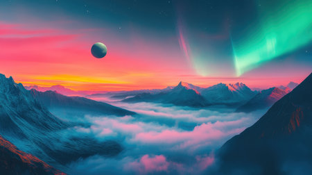 A wide-angle photo of an alien landscape with mountains, mist, and two moons in the sky, aurora borealis, green light, and blue and purple light. --chaos 30 --ar 16:9 --v 6.1 Job ID: 23bcf4b8-9239-4af5-aa8f-a86bb1bf4d09の素材