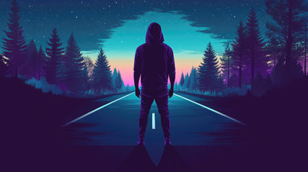 A vector illustration of a silhouetted hooded figure standing on an empty road at night, with a forest in the background. The design is simple and minimalistic, using dark blue and purple colors, simple shapes, and flat color application with smooth edges. The background is flat. This is a work of vector art, a digital painting in high resolution, with no gradient shading or shadows. --chaos 30 --ar 16:9 --v 6.1 Job ID: f0342d21-d1a2-41e9-afd6-5c90966e214cの素材