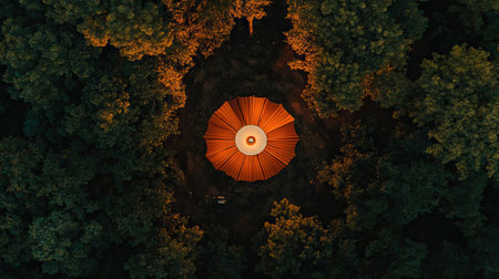 Aerial view of an orange and white mobile network tower with the sun setting in the background, set against a backdrop of green trees and blue sky, symbolizing advanced technology. --chaos 30 --ar 16:9 --v 6.1 Job ID: 3e7313b3-fe63-467c-9703-0d500d1291d5の素材