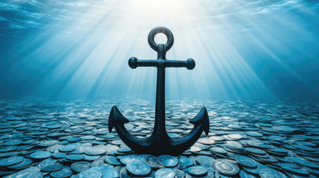 An anchor is surrounded by coins, placed on the bottom of an ocean floor. The background features light blue water and sunlight filtering through it. --chaos 30 --ar 16:9 --v 6.1 Job ID: 856dc2c7-7530-44af-8675-70b602e2733aの素材