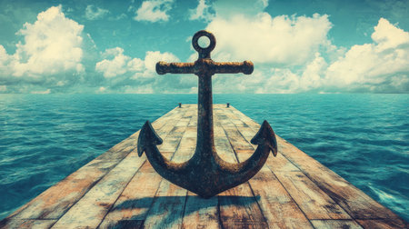 An anchor on the dock, in the style of digital art, with a vintage painting aesthetic, featuring brush strokes, against a background of a blue sky and water, creating a landscape scene. --chaos 30 --ar 16:9 --v 6.1 Job ID: 041626bf-1bbf-474d-90ee-63f24dbb81cdの素材
