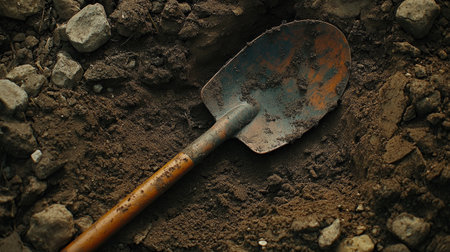 Close-up of a Shovel in the dirt, with a garden background, captured in high definition using a Canon EOS camera. The image is taken from a high angle with a wide-angle lens, utilizing natural light to showcase the rich details in high resolution. --chaos 30 --ar 16:9 --v 6.1 Job ID: 9cd9faae-d397-45d3-b8ef-b218ad6dca24の素材
