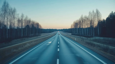 An empty highway in the foreground, lined with tall, dead trees on both sides, against a blue sky at sunset. The road is gray and white and runs along an expanse of forest that stretches to either side. A small car can be seen driving away in the distance. Photo taken in the style of Sony Alpha camera. --chaos 30 --ar 16:9 --v 6.1 Job ID: af158ff3-70e7-4522-b54e-b438a38e8ef0の素材