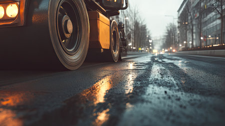 An asphalt roller rolling the pavement of an urban street, with focus on its wheels and glowing headlights in close-up. The road is visible from behind as it's being modernized by construction equipment. In front of us, we see a perfectly laid-down asphalt surface. This photo was taken during daylight, showcasing a high-resolution, hyper-realistic image. It has a wide-angle perspective that highlights details like the texture of the tarmac and the contrast between light and dark areas. --chaos 30 --ar 16:9 --v 6.1 Job ID: e13a9796-e02f-42fa-854d-6f7f654df9adの素材