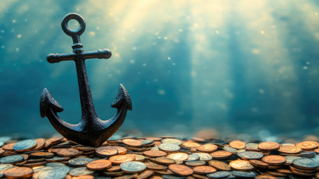 An anchor with coins at the bottom of an ocean, representing financial security and blended money from online cargo trading games. The background is a blue sea underwater, creating an atmosphere of mystery and adventure in the digital business world. --chaos 30 --ar 16:9 --v 6.1 Job ID: 6de3de21-9e72-4a7a-b8e4-bfc49346e38eの素材