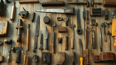 An array of traditional carpentry tools laid out on an old wooden table, including saws and chisels, showcasing the craftsmanship created by skilled carvers in ancient times. The photo is taken from above with natural lighting, emphasizing details such as textures and patterns on each tool. This visual representation highlights how these vintage handcrafting equipment were used to create intricate woodwork designs. --chaos 30 --ar 16:9 --v 6.1 Job ID: 8f9489ae-3a5e-42ed-95bf-440f6b391a77の素材
