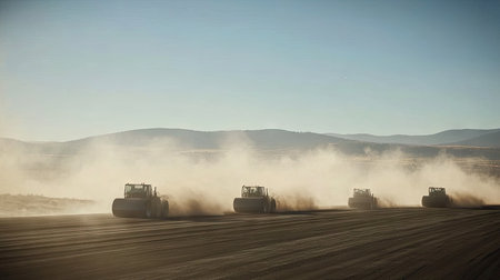 As road construction machines and machinery work on the asphalt, they create a vibrant scene of dust clouds rising from their tools as one orange roller compacts the street embedded in black top dirt, running across an empty field under a blue sky. The background is a beautiful sunny day with green trees and grasses in view. This photograph captures a dynamic moment during highway construction. Commercial photo, soft light, shot with a Canon EOS R5. --chaos 30 --ar 16:9 --v 6.1 Job ID: 08405a5c-23fe-478a-af31-2a7cf3896b94の素材
