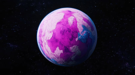 An Earth-like planet with dark pink and blue colors, a black background, in the style of fantasy art, rendered with Octane. --chaos 30 --ar 16:9 --v 6.1 Job ID: 06aa5803-698a-4b41-a024-d83d69b4d5e1の素材