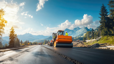 An orange road roller is working on the asphalt of a highway, surrounded by other machinery and construction workers in bright sunlight. The background features a blue sky with white clouds, green trees, grassy fields, and distant mountains under natural lighting. This high-definition photo captures the scene of modern traffic engineering work being done to help enhance coastal road quality, with the workers wearing bright . --chaos 30 --ar 16:9 --v 6.1 Job ID: 96ad0e85-9b26-47de-814d-a2f1dcdf8244の素材