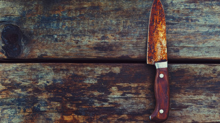 An old, rusty kitchen knife sits on a wooden table. The blade is corroded, and the handle has worn away, creating an eerie atmosphere of desolation. The vintage style, with its grainy texture, adds to the knife's mysterious charm. --chaos 30 --ar 16:9 --v 6.1 Job ID: 18c63b7f-2827-44c0-b5d3-ef9d6730336cの素材