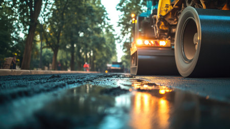 An asphalt roller in action, laying down fresh black top on the road surface. The focus is on one of its wheels and lights illuminating part of an empty street with trees at dusk. In front, there's another pavement under construction. Shot from a low-angle perspective, a close-up of asphalt and the street. An asphalt paver truck stands nearby. The photo has a blurred background to emphasize the details. --chaos 30 --ar 16:9 --v 6.1 Job ID: e76c609c-950e-4585-8bed-2739dbdf8a62の素材