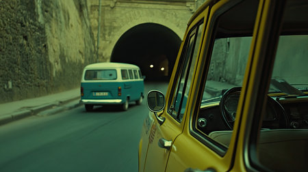 Close-up of a yellow taxi car window with a blue and white van in the background, driving on a street with a tunnel in the distance. --chaos 30 --ar 16:9 --v 6.1 Job ID: 451ff435-8c8f-4e1f-8e41-c7aff51c51f1の素材