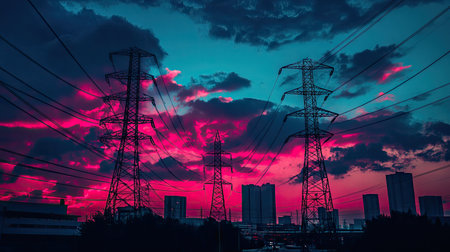 High-voltage pblems tower against the sky at sunset, power grid concept. High contrasting colors, stock photo, --chaos 30 --ar 16:9 --v 6.1 Job ID: fefbc0d2-9743-4ff9-b5c7-e09e92230f48の素材