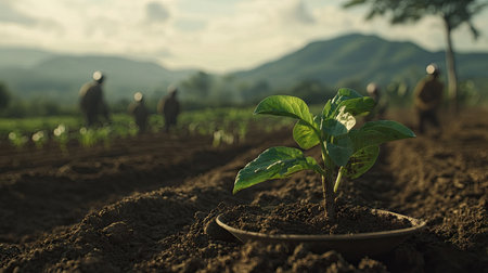 Close-up of people working in a field with shovels and seedlings, a rural scene. A small business concept banner for an agriculture or food production company, a farm work team background, a blurred group of workers planting a vegetable garden on the horizon. Close-up of a spade with dirt over a plow line in the foreground, focus on a natural land art print, a stock photo. --chaos 30 --ar 16:9 --v 6.1 Job ID: cd00243d-163a-419a-967d-57f41f2ecc8aの素材