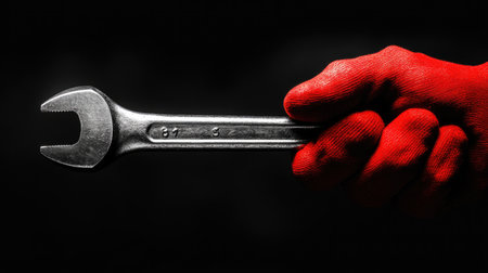 Hand in red gloves holding a wrench, isolated on a black background. Rendered in black, white, and shades of gray. --chaos 30 --ar 16:9 --v 6.1 Job ID: 8fe1a0d1-a775-4fcc-97e9-f9927ac1b802の素材