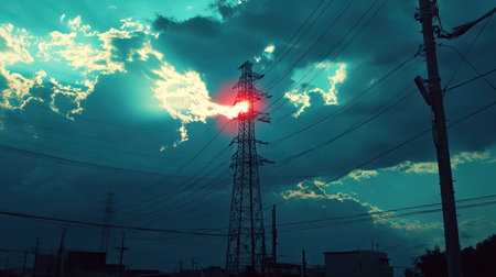 High-resolution photograph of an electric power tower against the sky at sunset. The sun shines through the clouds, illuminating power lines and creating beautiful light effects. High-contrast lighting creates sharp shadows that highlight details on the structure. This high-quality image captures the energy with its vivid colors and clear focus. A wide-angle lens was used to capture all elements in detail, while the image is framed perfectly for composition. --chaos 30 --ar 16:9 --v 6.1 Job ID: 2d58b2b0-438e-47db-92da-b95ed72b56fbの素材