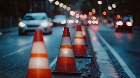 On the side of an asphalt road, there is a row of traffic cones and cars driving on it. The orange cones stand out against the gray background, with white lines running along their edges. In front of or behind each conical security sign stand two bright red lights from headlights, creating a striking contrast between light and dark. This scene captures attention to detail in street safety, emphasizing safety and isolation. --chaos 30 --ar 16:9 --v 6.1 Job ID: 3442f7a4-b716-4199-8220-ffa896e13212の素材