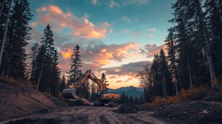 Photo of a yellow excavator working on a construction site, with dirt and trees in the background and a pink sky with clouds. --chaos 30 --ar 16:9 --v 6.1 Job ID: 28bcbae3-9e24-4ed7-9b95-98a4a26844f1の素材