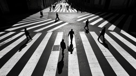Faint silhouettes of people crossing the street on zebra crossings, low-angle shot, stock photo. --chaos 30 --ar 16:9 --v 6.1 Job ID: 881e6801-a863-41b5-92b3-ae60a19af4a2の素材