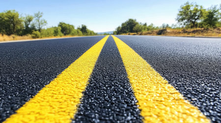 Photo of a yellow double line on an asphalt road, top-down close-up. Web banner with copy space on the right. --chaos 30 --ar 16:9 --v 6.1 Job ID: 1c0d6f13-c390-4d7a-8500-904aa18061d8の素材