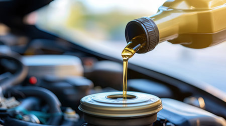 Rationale oil pouring from a canister onto a car engine, close-up, blurred background, banner with copy space area. Oil change service for automobiles and trucks in a repair shop or garage. --chaos 30 --ar 16:9 --v 6.1 Job ID: abafbd36-a530-444e-87df-da44ab0cb723の素材