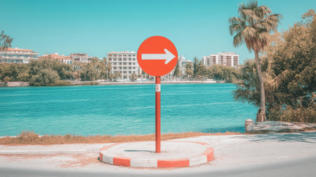 Photo of a traffic sign with an arrow pointing down on the right and up to the left, indicating two roadways leading in different directions near water with buildings behind them. Web banner with copy space in the middle. --chaos 30 --ar 16:9 --v 6.1 Job ID: 14de5790-d8c7-49d4-ba7d-d2ed3b5a284dの素材