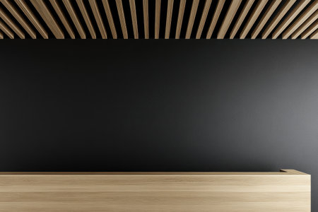 3D rendering of a modern office interior with a wooden reception desk and a black wall with decorative wood planks on the ceiling. Minimalist design, close-up view. --ar 3:2 --v 6.1 Job ID: e95bccb2-f378-4525-966e-3752ea141823の素材