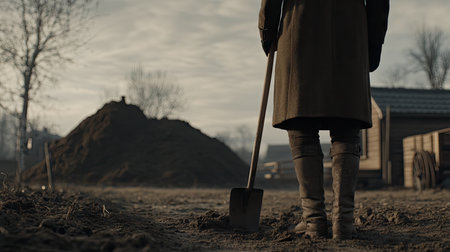 Shchant is digging up the dirt with a garden Shovel in front of a pile of earth, in the background. The image is raw, a wide shot taken with a 20mm lens at f/4 aperture for focus and bokeh effect, in daylight lighting, at high resolution. --chaos 30 --ar 16:9 --v 6.1 Job ID: 3dabd55c-e20a-4e58-94fe-e20460fc9671の素材