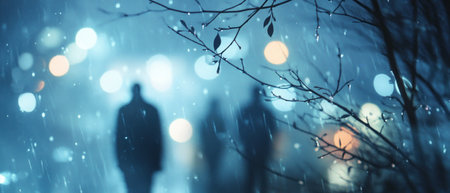 A close-up of raindrops on the glass, with blurred figures in dark blue and gray standing behind them, surrounded by tree branches and city lights in soft focus. The background is filled with a cool color palette of blues and grays, creating an atmosphere that evokes calmness or melancholy. --ar 7:3 --v 6.1 Job ID: 4231841b-0655-441c-a272-70bcf7a665a4の素材