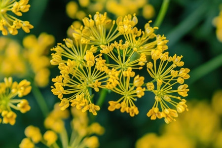 A close-up of the yellow dill flowers, which have delicate petals and tiny stamens that give them an elegant appearance. The leaves around it form intricate patterns as if they were created by nature itself. This plant is known for its fresh green color and smooth texture, making it perfect to be used in cooking or as decorative plants. Photorealistic. --ar 3:2 --v 6.1 Job ID: dcb997c7-27a0-4d9c-a883-568bbd3b2257の素材