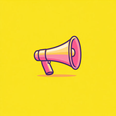 A flat vector logo of a megaphone, with a simple design, a yellow background, and pink highlights. The illustration style is that of a user interface (UI), suitable for an app icon. The overall aesthetic is one of minimalism, with high resolution and sharp focus, resulting in high detail. --v 6.1 Job ID: c6c8877f-6697-4fb8-b30f-52fcceba8174の素材