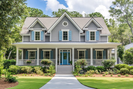 A gray house with a blue front door, white trim and shutters, a traditional-style home in South Carolina. Architectural photography captures the scene in natural daylight with a wide-angle shot. --ar 3:2 --v 6.1 Job ID: cc631744-3fff-42a0-b552-49be625142feの素材