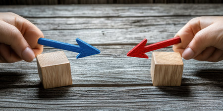 A hand is pushing wooden blocks with blue arrows in one direction and a red arrow in another, symbolizing the idea of choice between two options or paths. --ar 2:1 --v 6.1 Job ID: 01d3c3f5-f4b5-4ed6-941d-55e8ffc55835の素材