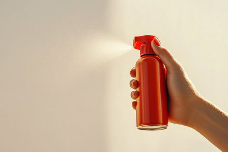 A hand holding a red spray can and spraying on a white background, isolated. This is a simple, feminine composition with a sunny light background, resembling a stock photo. --ar 3:2 --v 6.1 Job ID: f5af3072-3d98-48c9-8f02-32d8da418d46の素材