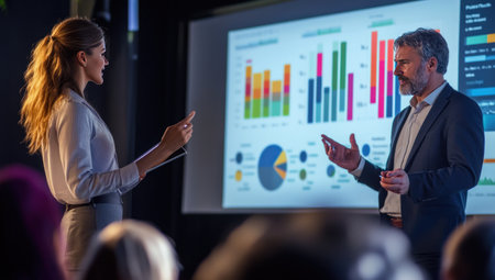 A man and woman on stage, presenting data to an audience using visual elements like bar charts or graphs. Award-winning photography, realistic in the style of photography. --ar 53:30 --v 6.1 Job ID: cdbc3d41-b09e-40bf-ba31-c68723770d51の素材